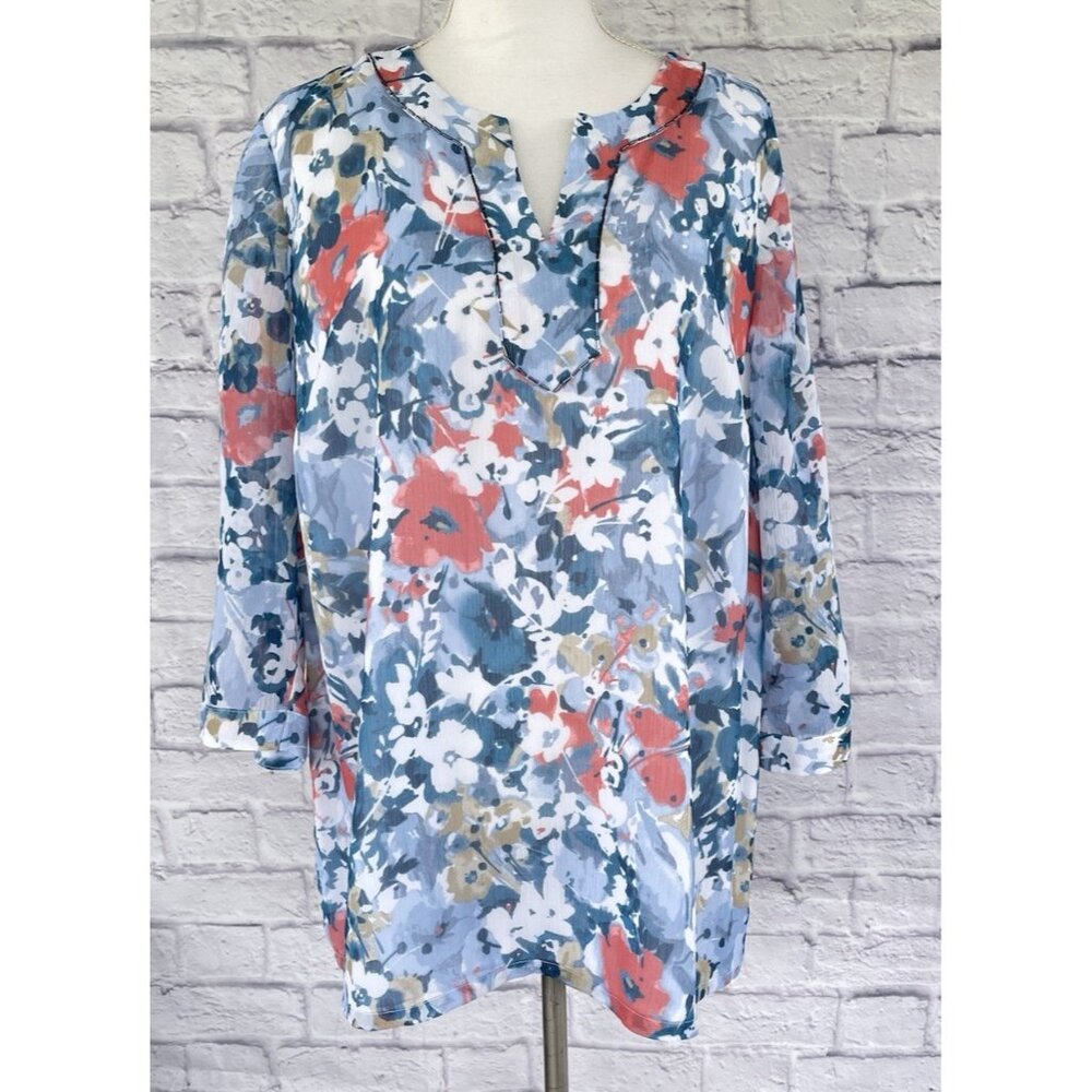 Women's JM Collection Blue Blouse Polyester  3/4 Sleeve Tunic Size 16W